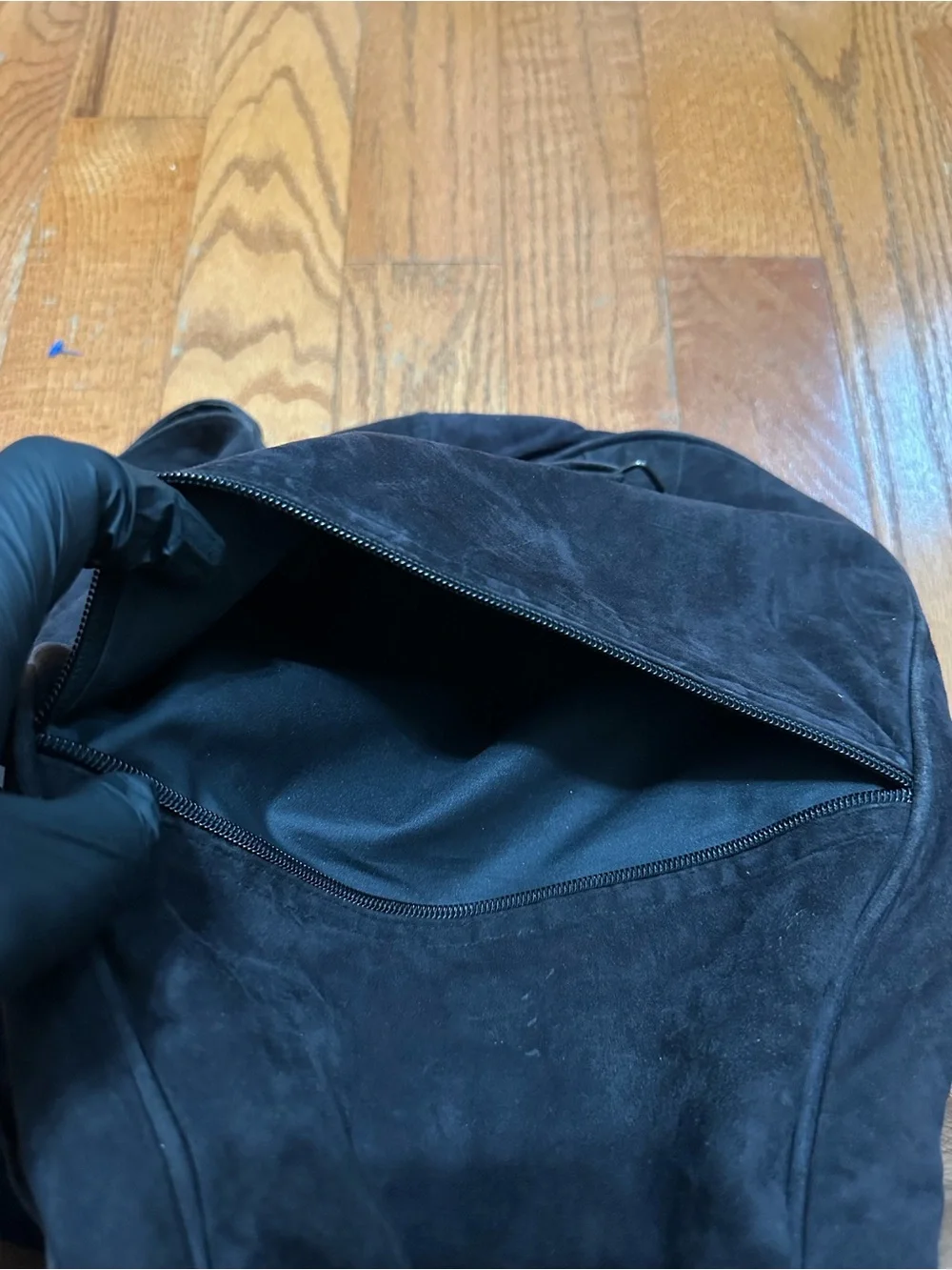 Black Suede Bird Carrier Backpack with Red & Blue Parrot Design